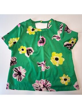 J.Crew Factory Floral Blouse Large Green Short Sleeve Keyhole Back Top